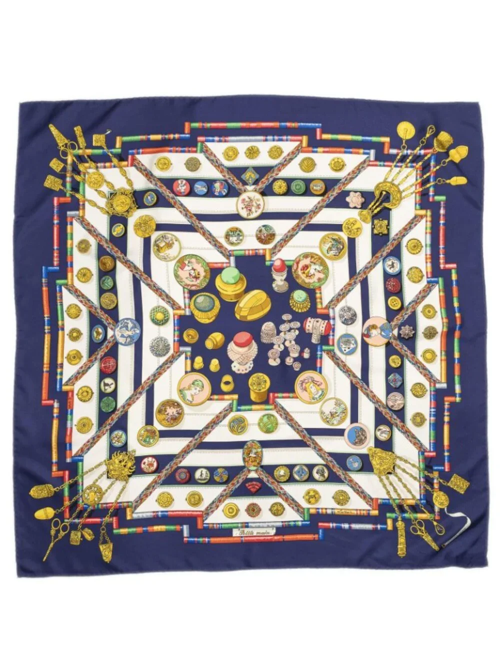 Hermes Scarf Navy White Gold Silk